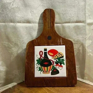 Vintage  Wooden Cheese Cutting Board With Colorful Tile Chianti Bottle Cottage